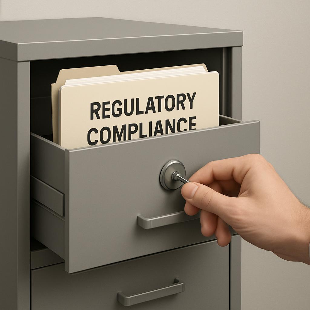 A file cabinet with a drawer open, revealing a label reading "Regulatory Compliance" and a hand pulling the pull handle. T...